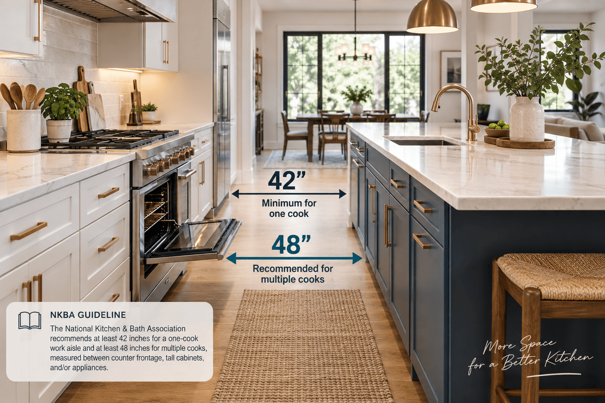 Modern kitchen showing 42-inch and 48-inch clearance between a stove and kitchen island