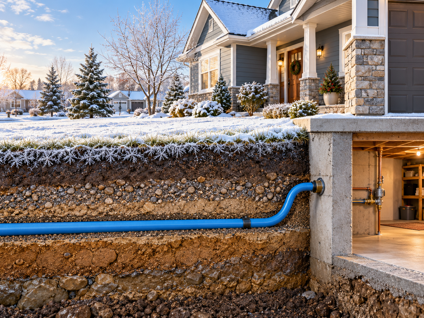 Winter home cross-section showing a buried blue water service line entering the basement below the frost zone