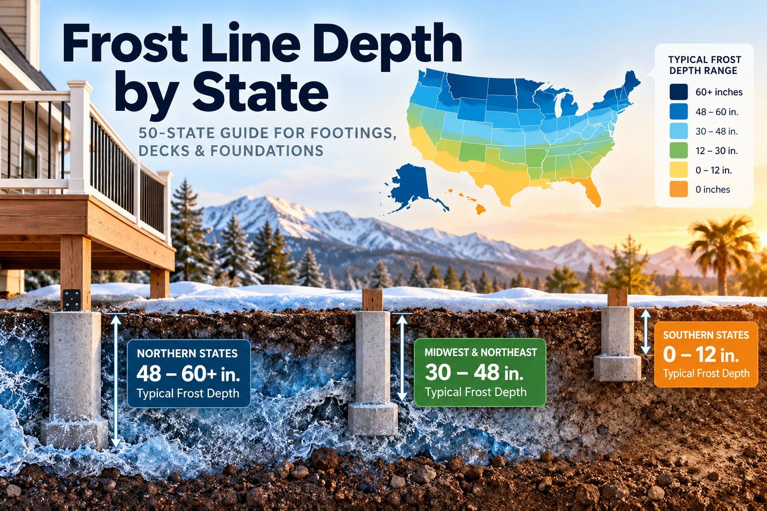 Frost line depth by state graphic showing a U.S. frost-depth map and deck footings extending below frozen soil
